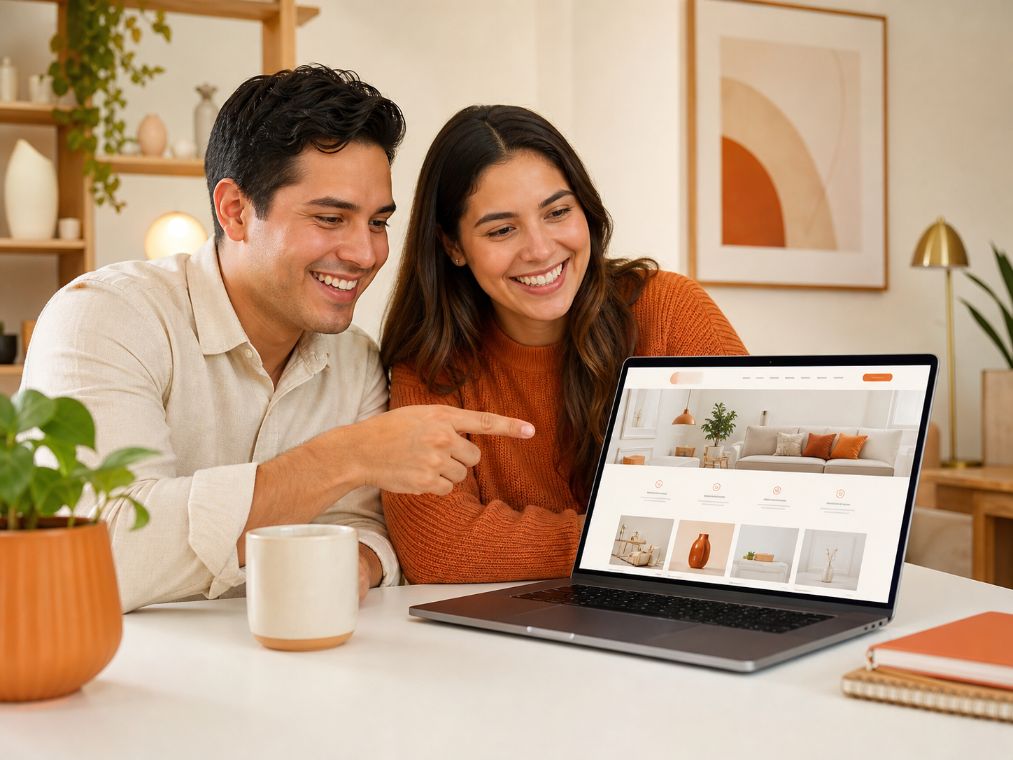 Personas felices viendo su nueva página web desde casa
